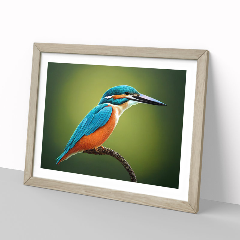 Dynamic Kingfisher Bird 1 Piece Single Picture Frame Painting, 25cm H x 34cm W x 2cm D, Oak