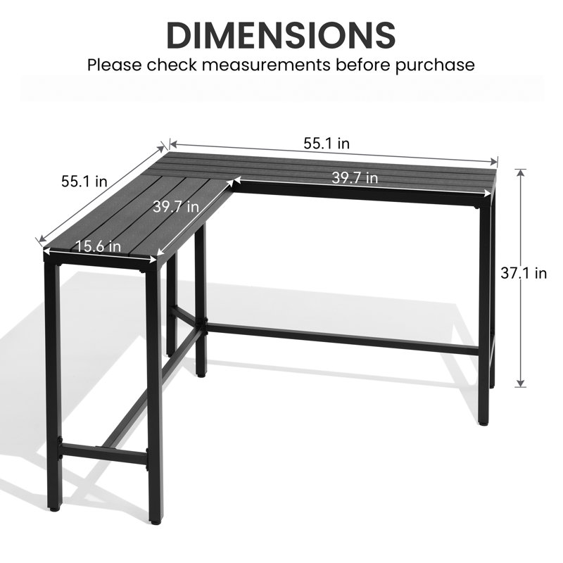 4 - 8 Person L-Shaped Metal Bar Table, Black