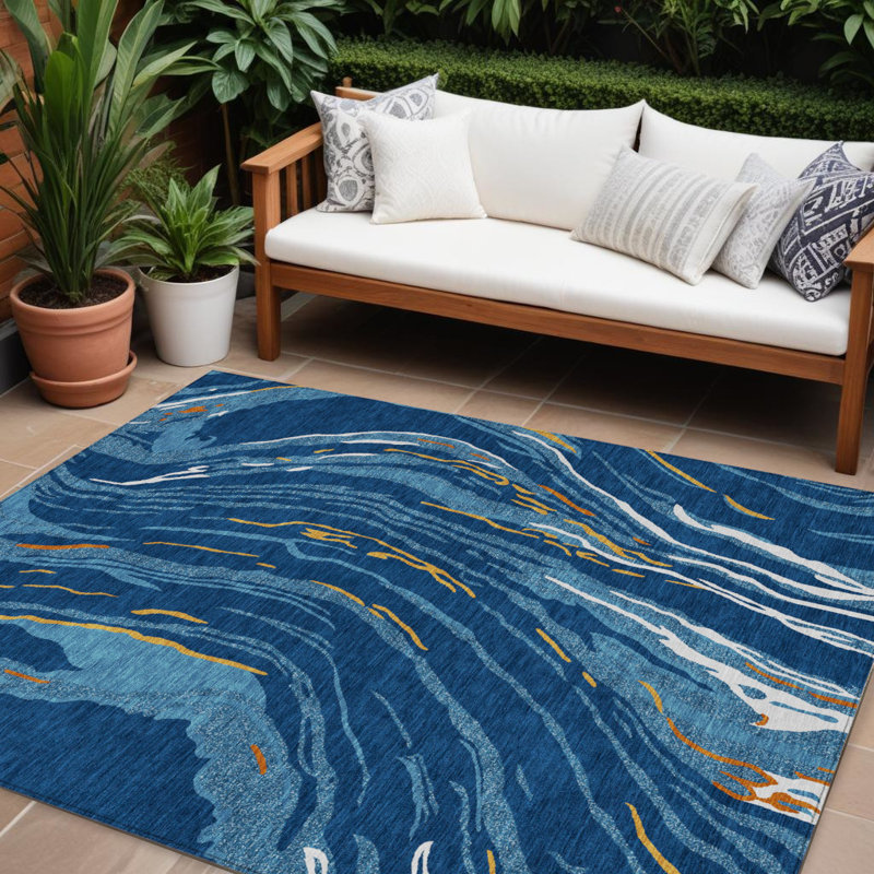 Tapis extérieur lavable abstrait 8 pi x 10 pi bleu marine et cuivre