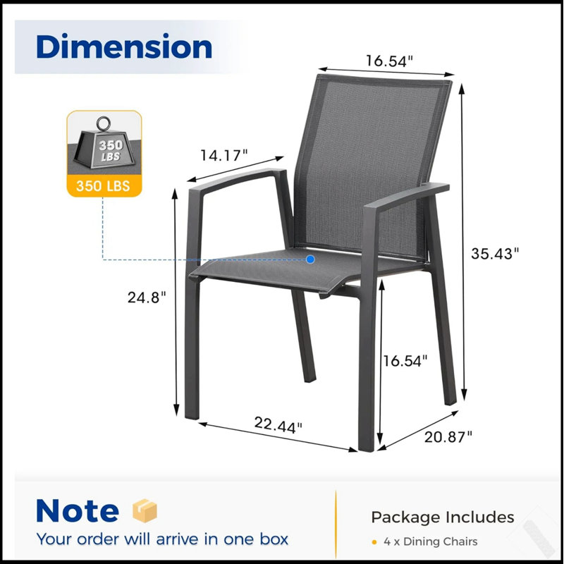 Ensemble de 4 chaises de patio en aluminium empilables entièrement assemblées, durables et confortables pour l'extérieur