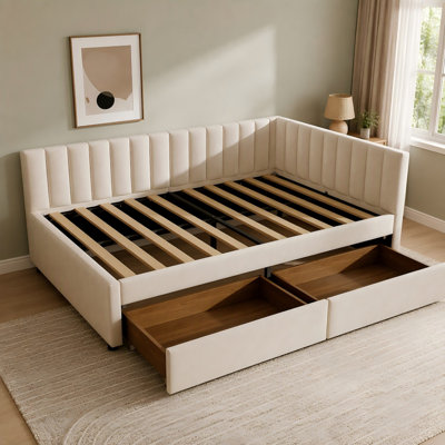 Canapé-lit d'angle rembourré en velours beige en L, pleine grandeur avec tiroirs de rangement, idéal pour le salon et la chambre d'amis.