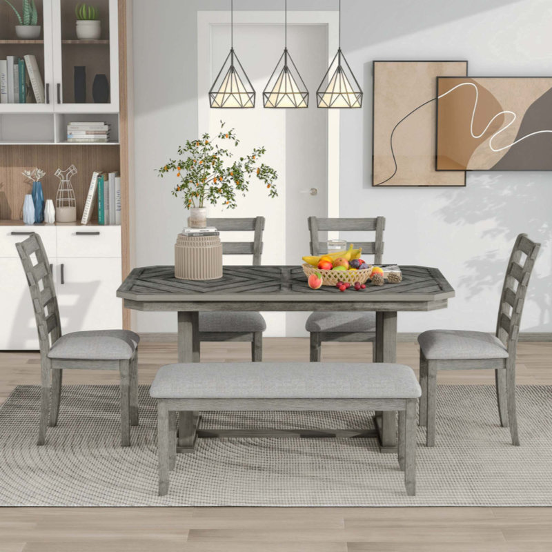 Ensemble de table de salle à manger 6 pièces en bois d'hévéa avec placage en bois massif et coussin moelleux, Gris, Gris