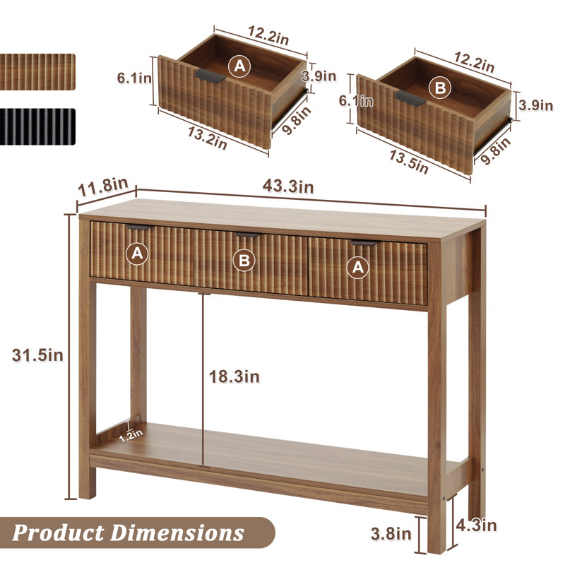 TV Console Table with Storage, Walnut Entryway Table for Living Room & Hallway, Fluted Modern Design, 11.8"D x 43.3"W x 31.5"H