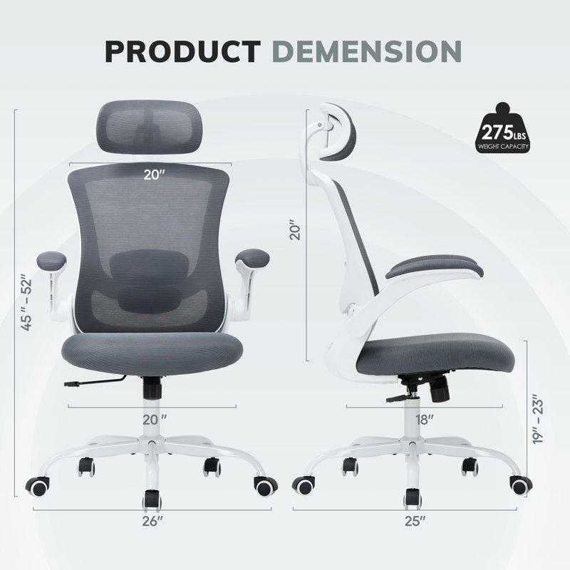 Chaise de bureau ergonomique en filet avec accoudoirs relevables Inbox Zero, Gris