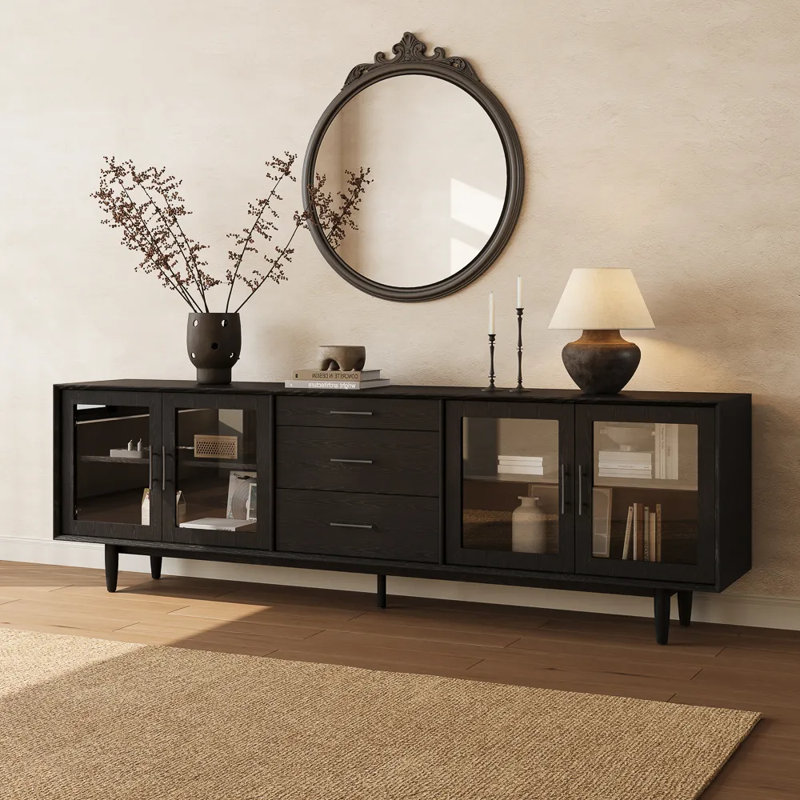 Meuble télé Mid-Century moderne avec portes en verre, entièrement assemblé, H 29,53 po x L 94 po x l 17,72 po, Noir