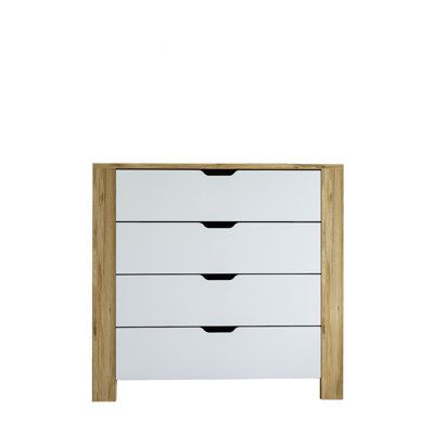 Commode scandinave moderne avec 4 tiroirs, noyer clair et blanc, 35,4 x 33,5 x 16,5 pouces | 100% panneau de particules enduit de mélamine, épaisseur: 0,7 pouce | Solution de rangement élégante et fonctionnelle pour toute chambre à coucher