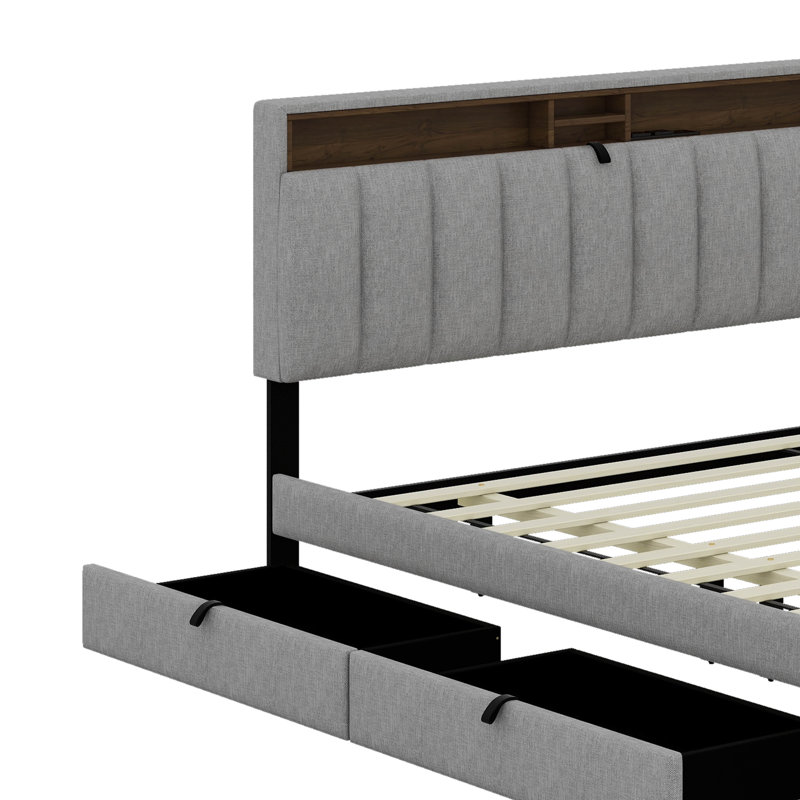Lit plateforme tapissier avec tête de lit, gigogne et tiroirs de rangement, Gris, Grand lit