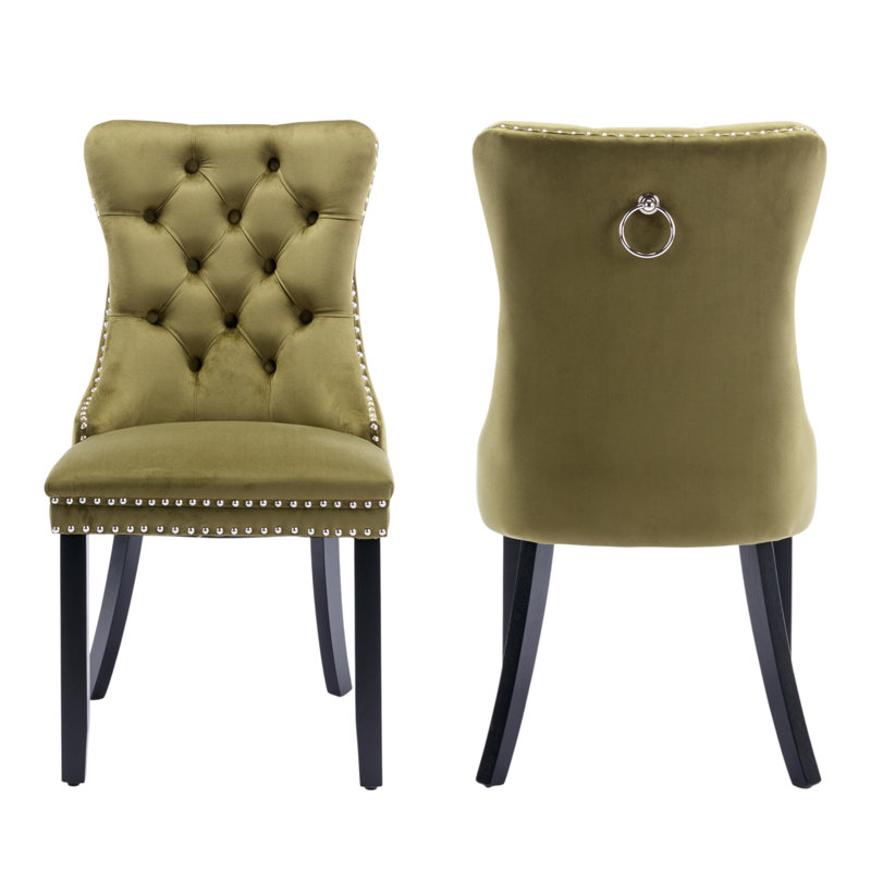 Tufted Velvet Wing Back Side Dining Chairs, Black, Moss Green