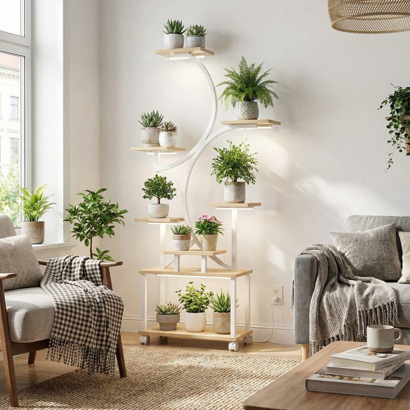 Support pour plante d'intérieur de 62 po de hauteur avec lumières de croissance, étagère lumineuse à 8 niveaux en forme de S, support de fleurs en coin pour le salon