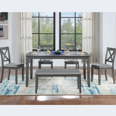 Table de salle à manger 6 en bois avec chaises et banc gris