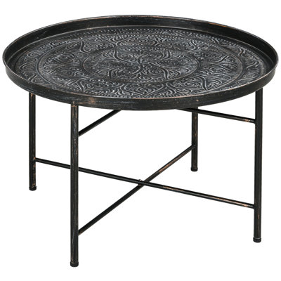 24" Round Hammered Metal Coffee Table, Vintage Appeal For Living Room. Handmade Brush Finish, Adjustable Foot Pads, , 110 Lbs Weight Capacity, Table With Pattern Design Decoration. Room & Bedroom