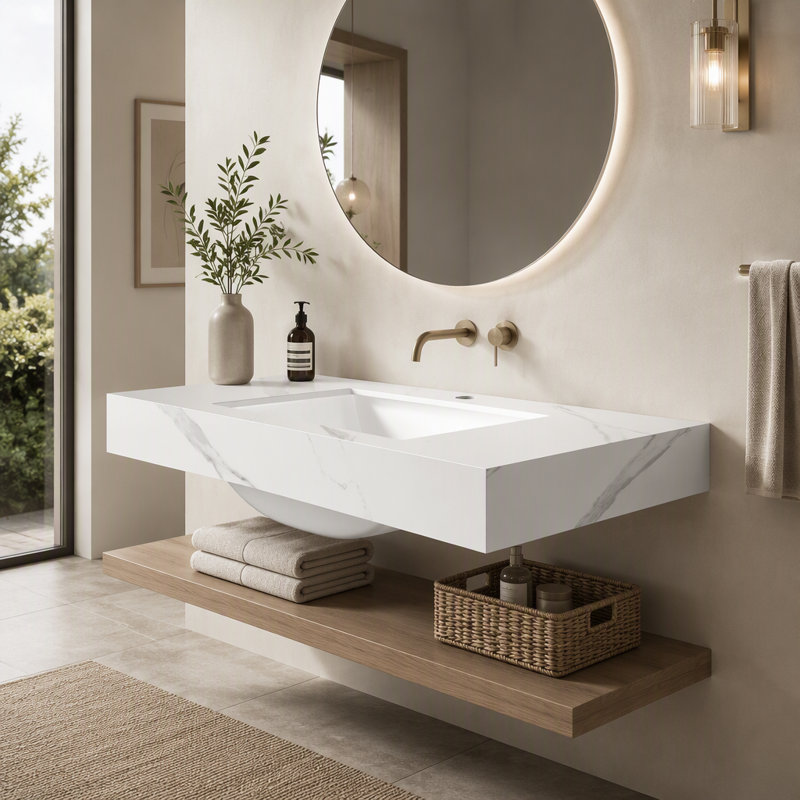 Plan de toilette en pierre frittée de 91 cm (36 po), lavabo encastré en céramique, 1 trou pour robinetterie, Blanc de Carrare