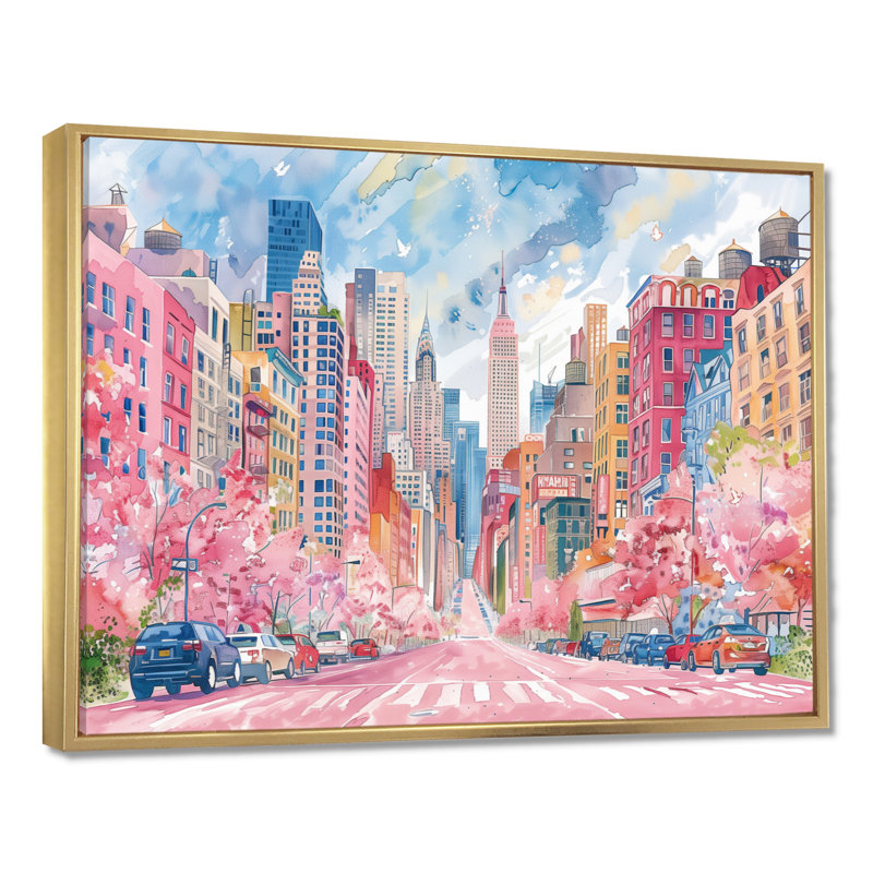 Rose, bleu, bâtiments de New York en été - salon d'art mural de New York, Cadre flottant doré, H 12 po x l 20 po