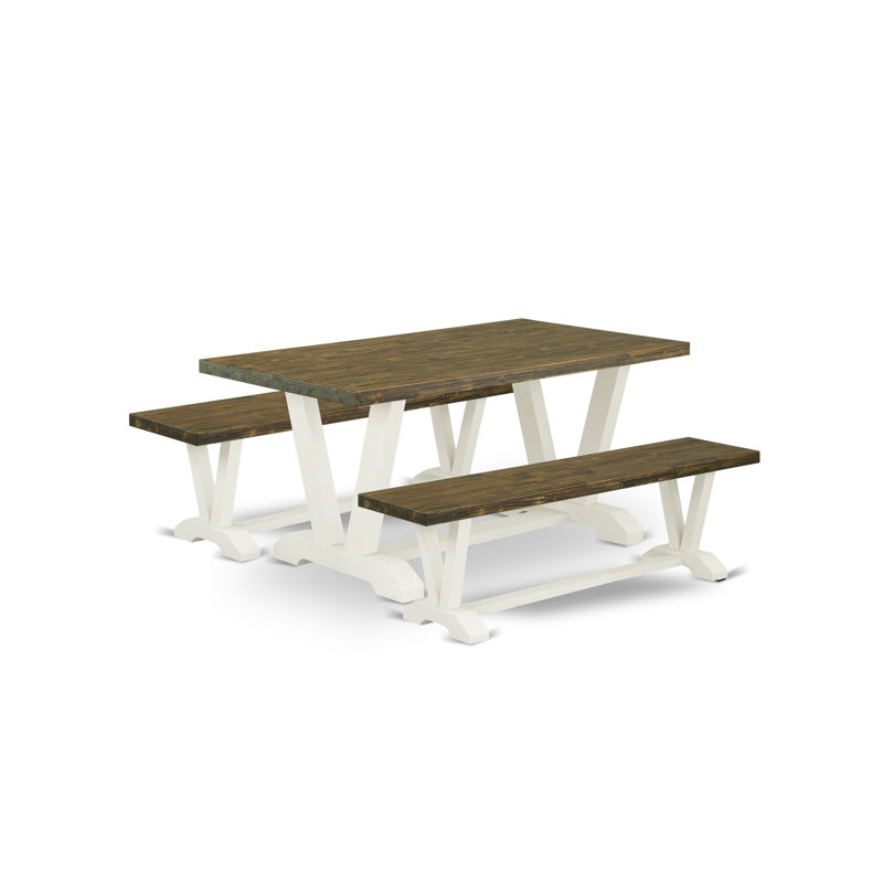 Ensemble de table de salle à manger 3 pièces - 1 petite table de salle à manger et 2 bancs de style moderne Mid-Century - Plateau de table Jacobean patiné et lin blanc