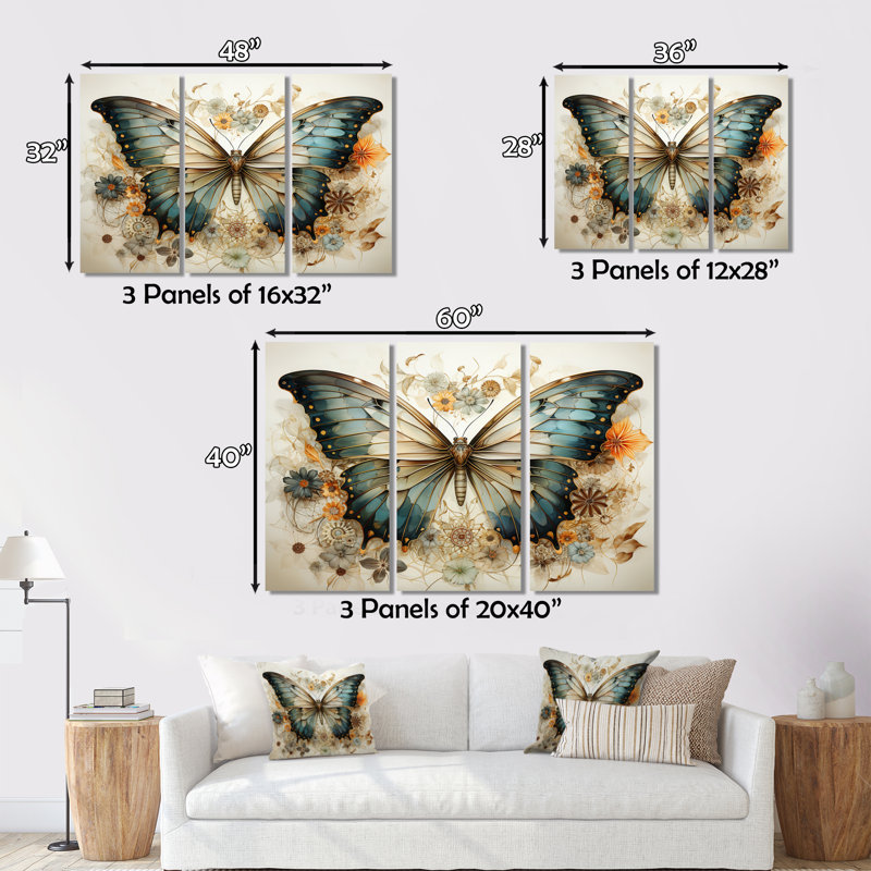 Papillon beige sarcelle, motifs complexes - ensemble d'art mural sur toile animaux, H 32 po x l 48 po x P 1 po