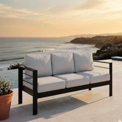 Patio de 73 pouces en aluminium toutes saisons avec 3 sièges, coussins gris épais, structure rouille, hydrofuge, assise extérieure 73 "à assemblage rapide, cadre noir et siège pendant des années, support de 900 lb, machine