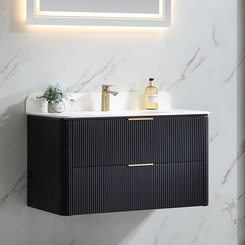 Meuble-lavabo mural flottant avec plateau en acrylique, Noir, 36"