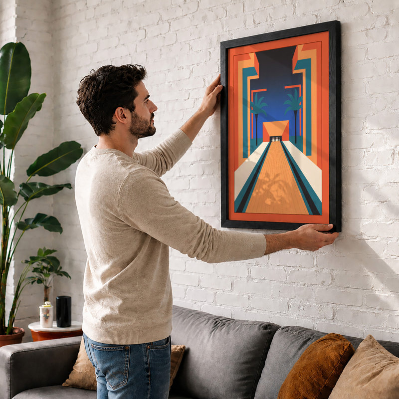 Bowling Alley Vanishing Point Retro 1 Piece Single Picture Frame Wall Art, A3 - 42.0 x 29.7 cm, Black