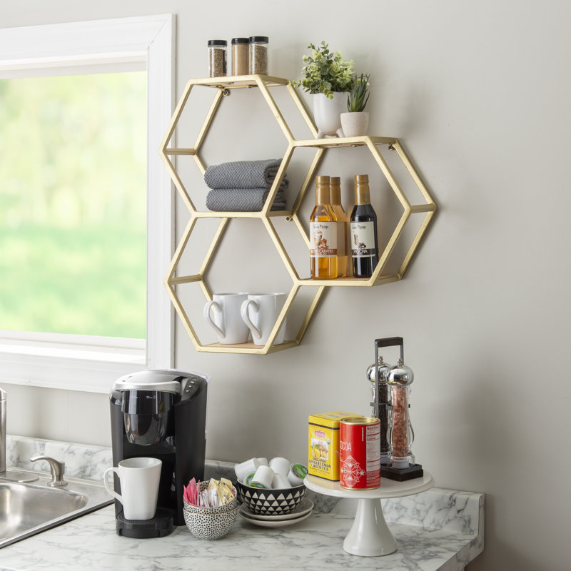 Étagère décorative hexagonale 3 pièces Jeffrey, Or naturel