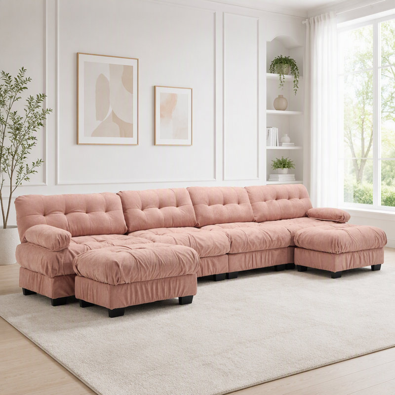 Canapé modulaire surdimensionné en U avec coussins, 4 places et 2 repose-pieds, Rose