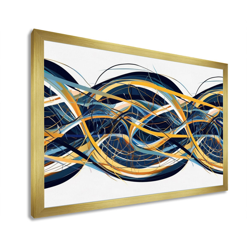 Helix expression abstraite jaune et bleu, Cadre doré simple, H 24 po x l 32 po x P 1 po
