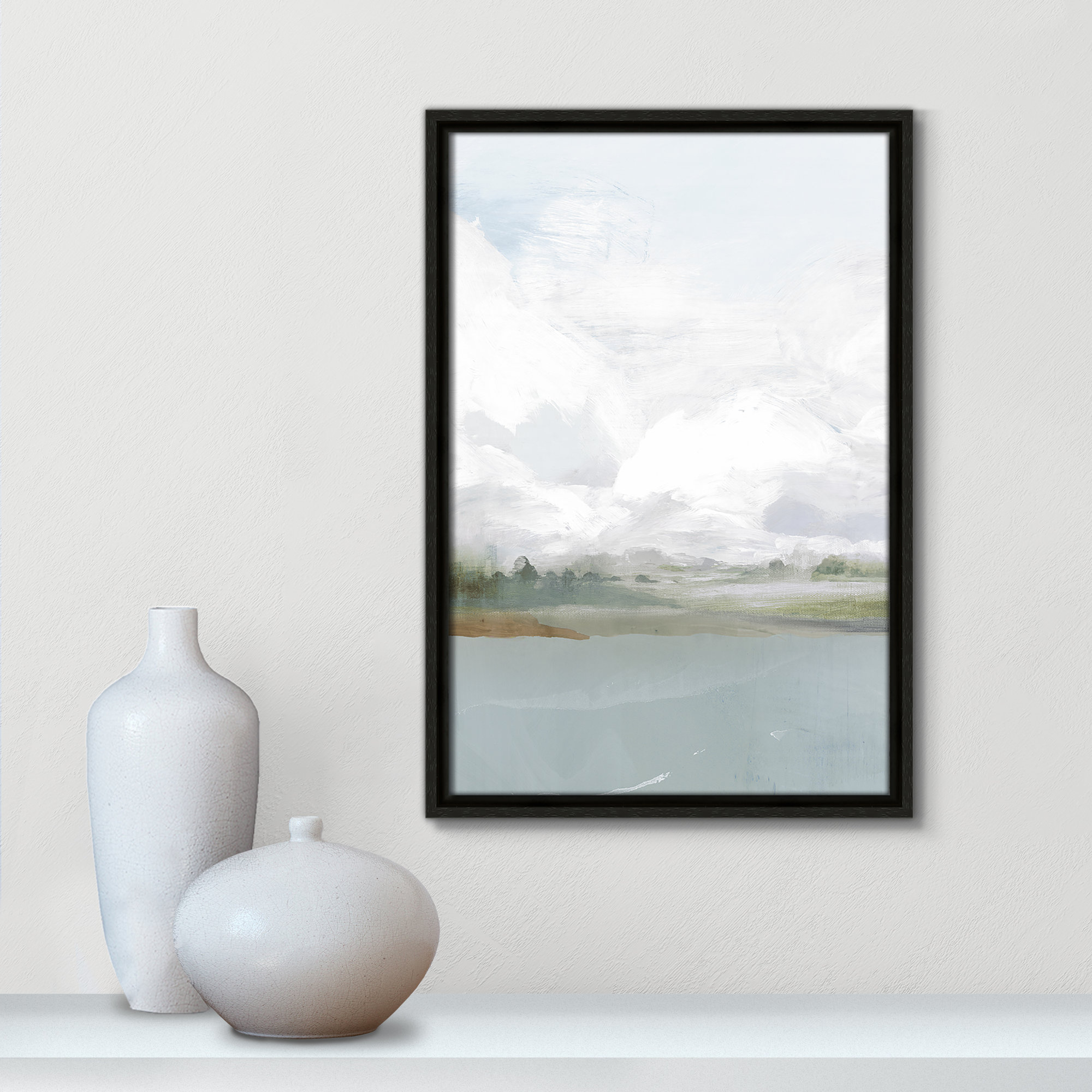 All Shore Watercolor Canvas Painting Print with Wood Floater Frame , 19.5" H x 13.5" W, Black