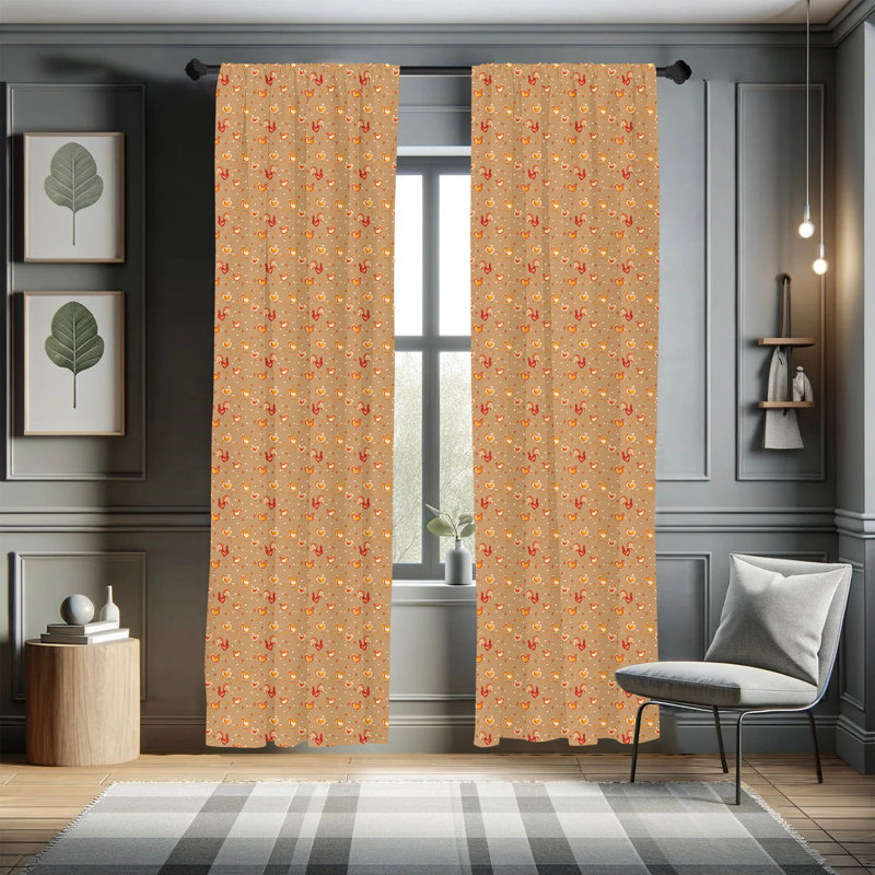 Hen and Chicks Semi-Sheer Rod Pocket Curtain Panels, 28" x 95", Camel Vermilion
