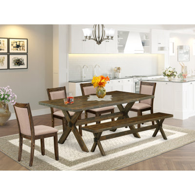 Schutzer 6 Piece Dining Table Set- A Wooden Table with Small Wood Bench and 4 Linen Fabric Kitchen Chairs by Rosalind Wheeler
