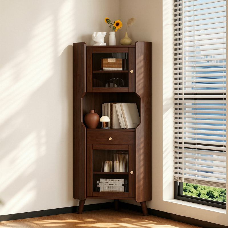 Cave à vin d'angle en bois massif écologique brun de 50 cm (19,69 po) avec vitres