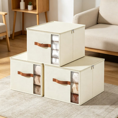 Grands bacs de rangement pour vêtements avec cadre robuste, cubes de rangement en tissu pliables avec couvercles, sacs de rangement pour literie respirants pour couvertures et vêtements saisonniers, blanc, paquet de 3
