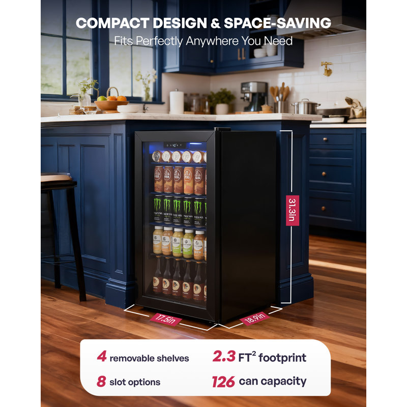 Beverage Refrigerator Cooler, 126 Can Mini Fridge With Glass Door For Wine, Soda Beer, Beverage Cooler For Home, Bar, Office With Adjustable Removable Shelves, Black