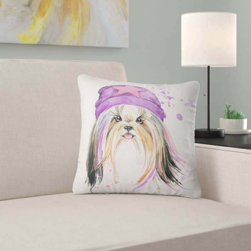 Chiot élégant avec un chapeau mauve - coussin imprimé animal, 16 po x 1 po, Coussin décoratif