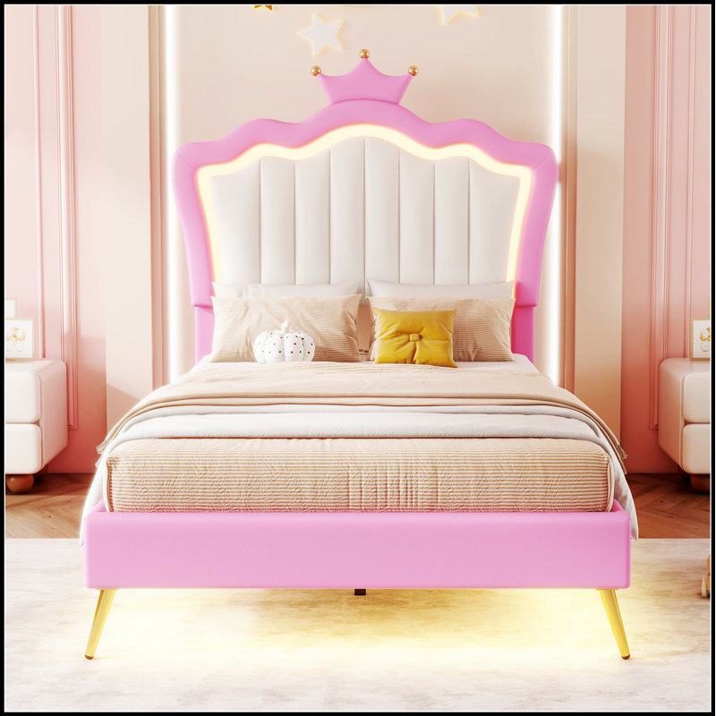 Structure de lit rembourrée avec lumières DEL, lit Princess moderne pour un sommeil élégant et confortable