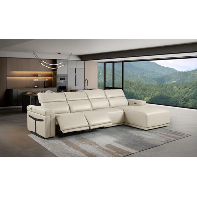 Canapé modulaire beige en cuir italien 4 pièces faisant face à la droite beige avec 2 fauteuils inclinables électriques et appuis-tête réglables