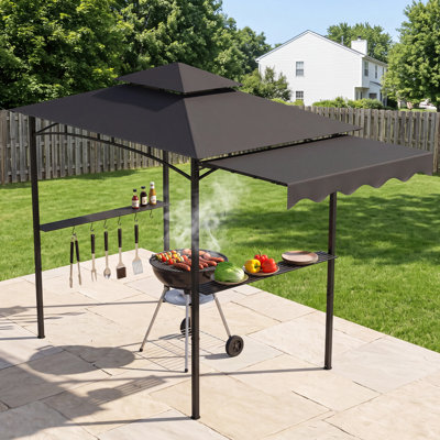 Auvent pour barbecue 8 pi x 5 pi, auvent à deux niveaux avec auvent festonné et tablettes de rangement en métal, brun