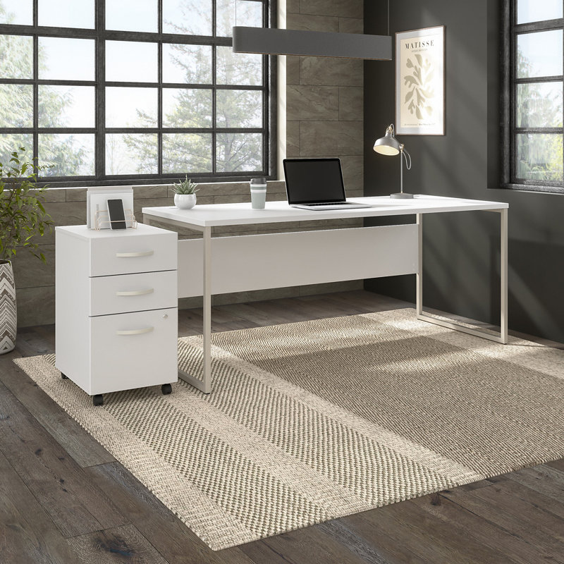 Desk And 3 Drawer Mobile Pedestal, White, 29.91" H x 71.02" W x 35.43" D