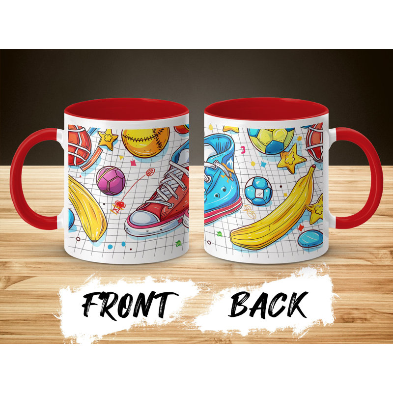 Kids Drawing Style 11oz Accent Mugs – Ceramic Coffee Cup with a Red Handle and Interior