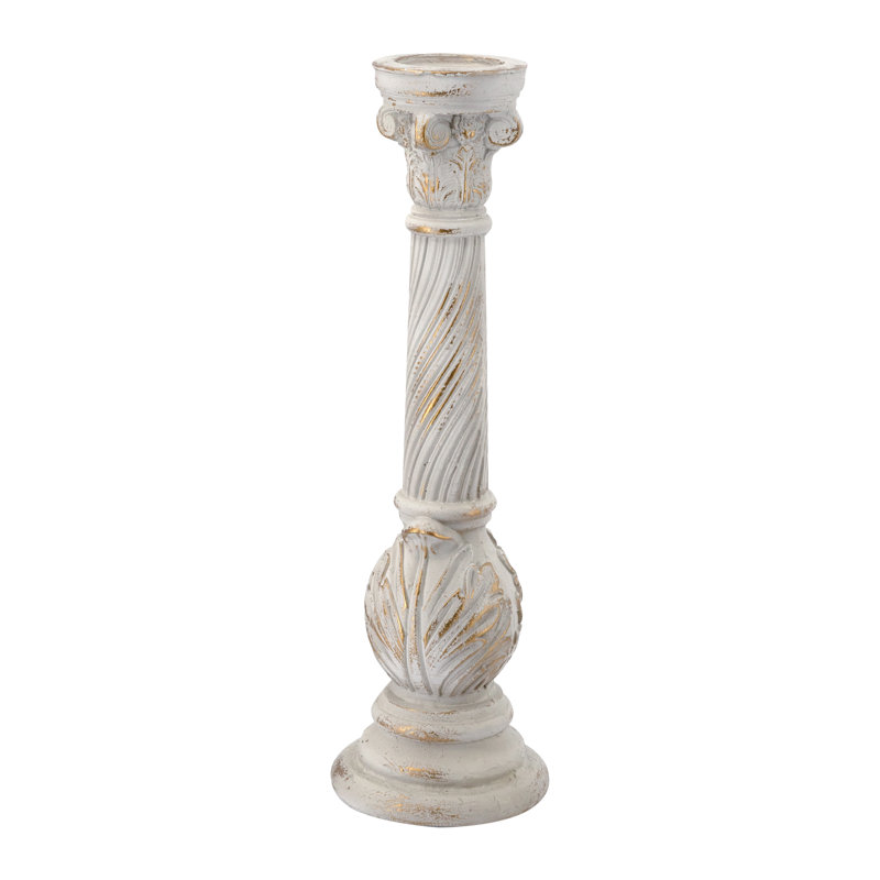 8.5x8.5x28.5" Ornate Magnesium Candle Holder with Distressed White Finish and Gold Details