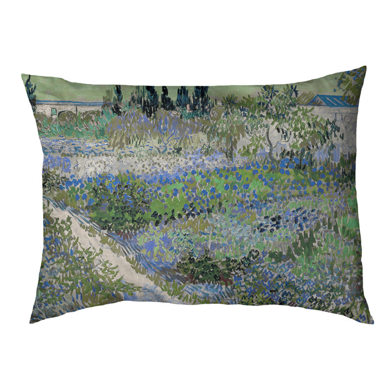 Coussin stylisé bluhender garten mit pfad Burk, Moyen (L 42,5 po x l 32,5 po), Mauve / vert