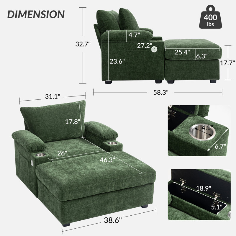 Chaise moderne surdimensionnée en chenille avec repose-pieds, canapé-lit avec ports USB, porte-gobelets, idéale pour le salon ou la chambre à coucher