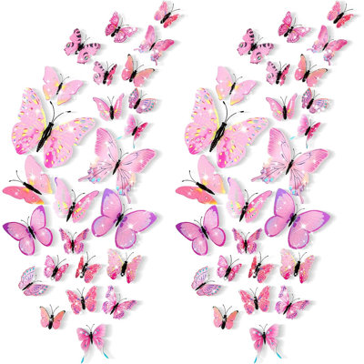 48 Pcs Glitter Pink 3D Butterfly Wall Stickers