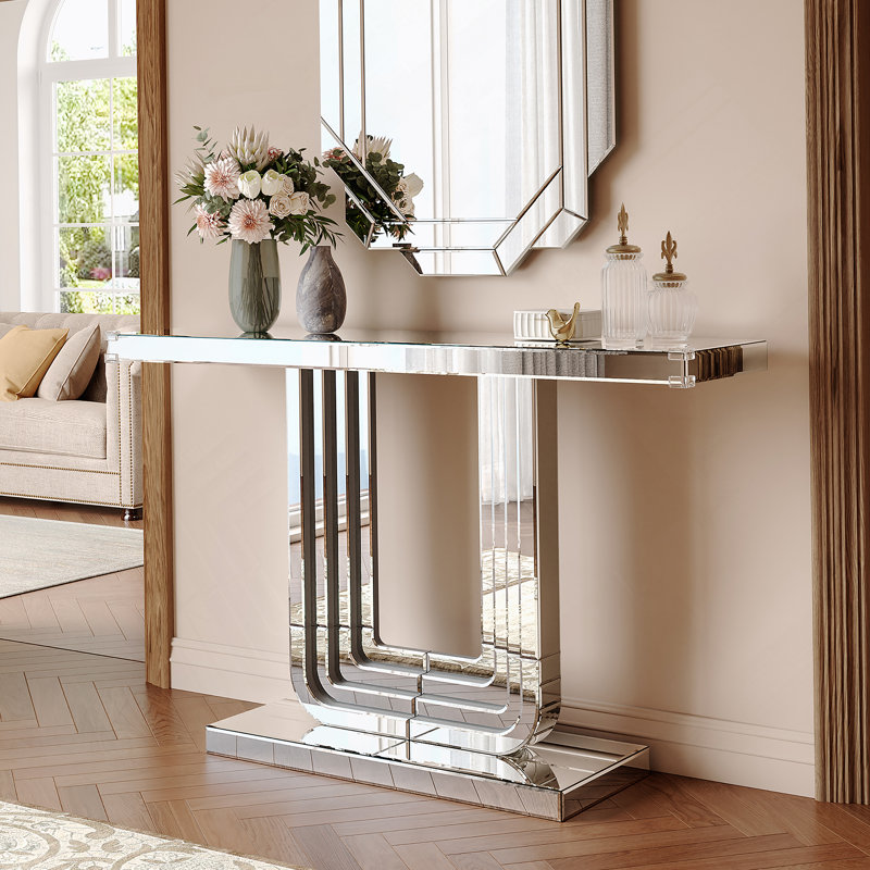 Elegant Mirrored Console Table With U-Base And Hand-Spliced Line Design For Modern Entryways And Living Spaces, 47 Inch