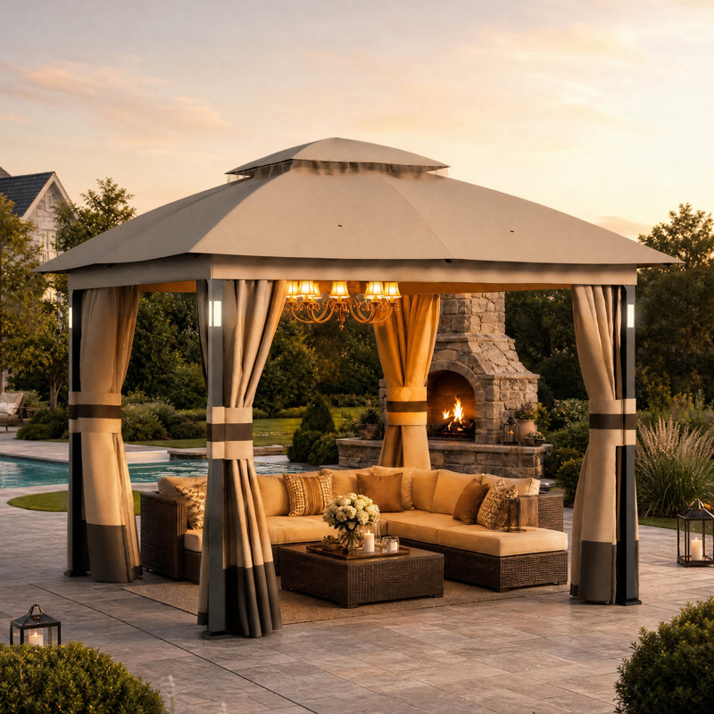 Louvre Steel Double Roof Soft Top Gazebo With LED Lighting And Bluetooth Speaker,Netting And Pravicy Curtains, Khaki