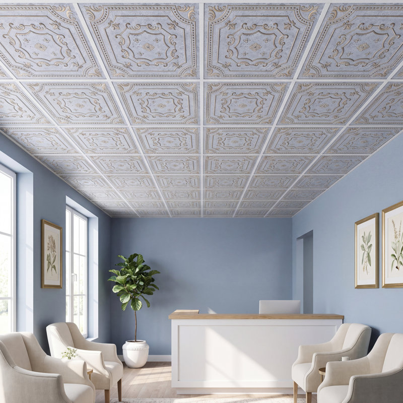 Pavillon élisabéthain de 2 pi x 2 pi Tuile de plafond à poser ou à coller, Or blanc vieilli