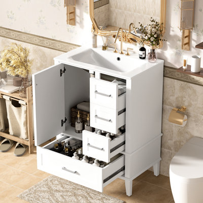 24.8" Freestanding Vanity With Compact Size, Diverse Drawer Types, And Soft-Close Design For Small Bathrooms 24.8-Inch Bathroom A Ceramic Sink, Wide Easy Sorting, Hinges Quiet Operation