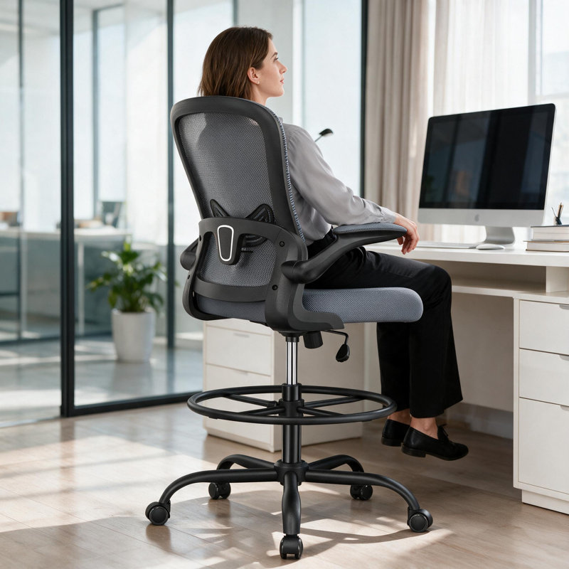Chaise de bureau ergonomique avec accoudoirs rabattables, chaise de dessinateur réglable en hauteur, repose-pieds réglable et conception ergonomique pour les bureaux assis-debout; Comprend un soutien lombaire.