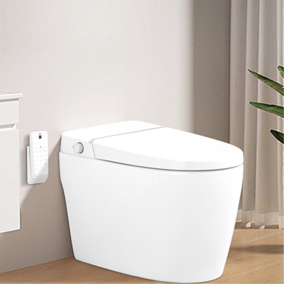 White Smart Toilet With Self-Cleaning Nozzle, Heated Seat, Night , Side Knob Flush, Silent Slow Down, Soft Close, Auto 3 Adjustable Temperatures Remote Control, Heat Options, Ceramic