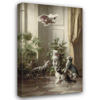 "Cats and the Cockatoo" by  Carl Reichert - Gallery Wrap Canvas Wall Art