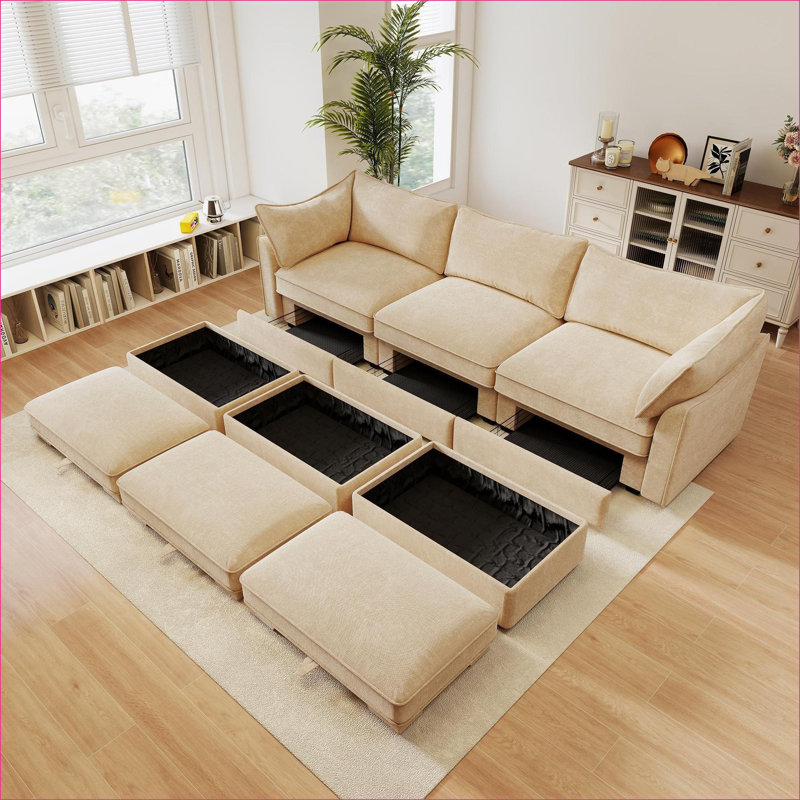 Canapés modulaires | Canapé de rangement moderne 3 places avec 3 repose-pieds pour le cinéma maison | Chenille | Blé