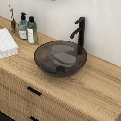 Bathroom Tempered Glass Vessel Sink With Grey Temptingly Pop-Up Drain, 16.38X16.38X5.38 High And